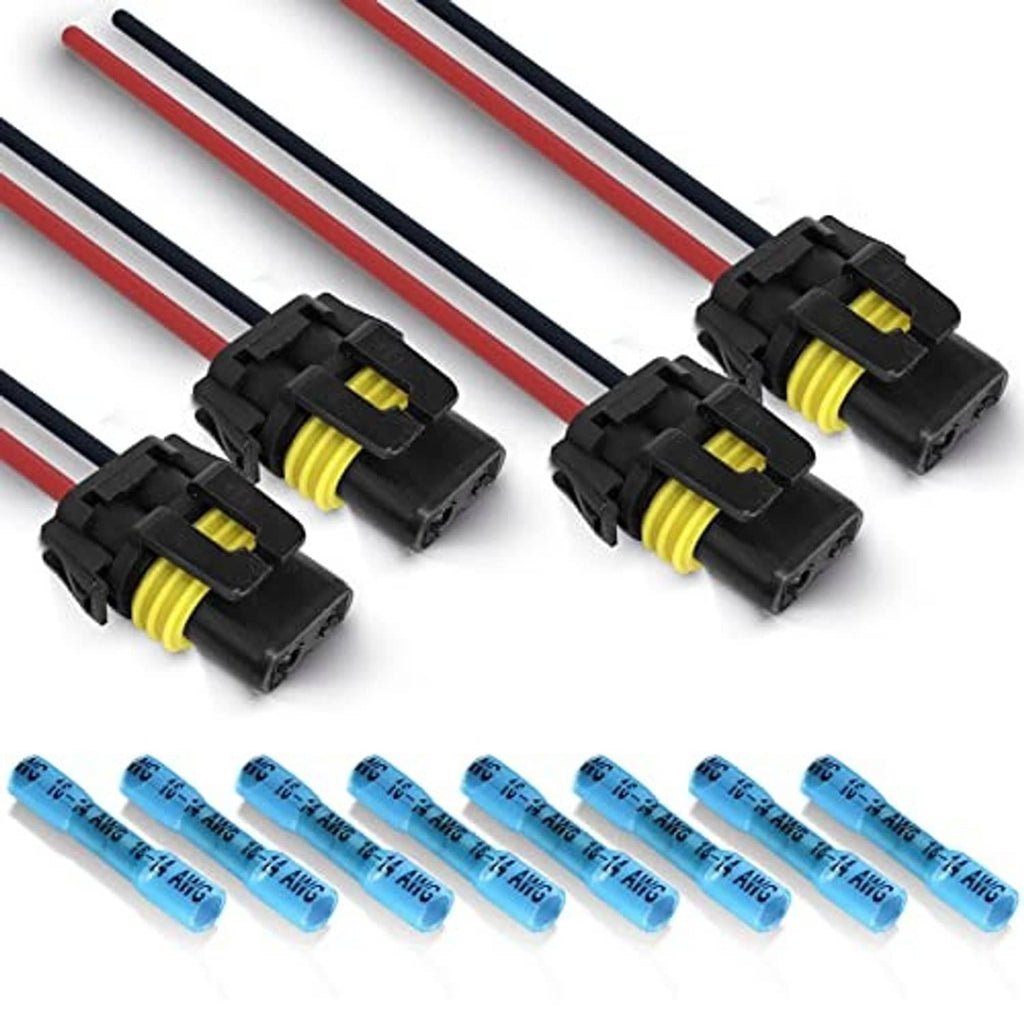 Four female headlight pigtail sockets with black housings and red/black wire leads