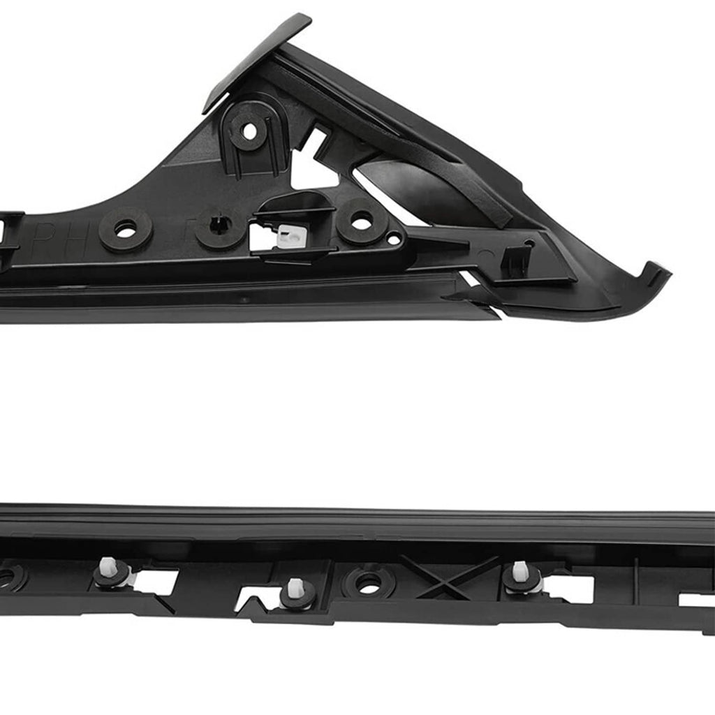 Black inner A-pillar trim molding with brackets and snap points