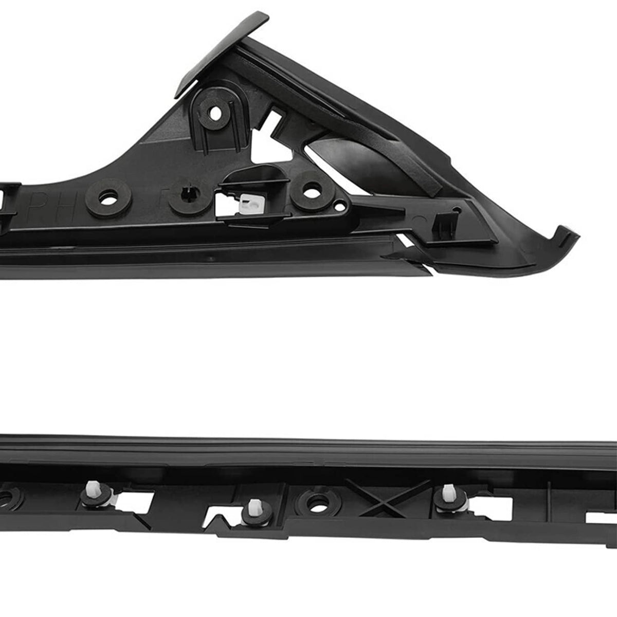 Black inner A-pillar trim molding with brackets and snap points
