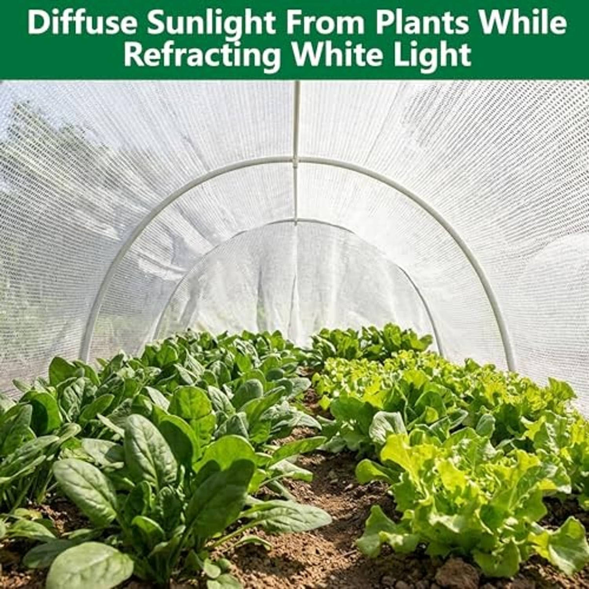 White sun shade net stretched over plants, breathable mesh canopy