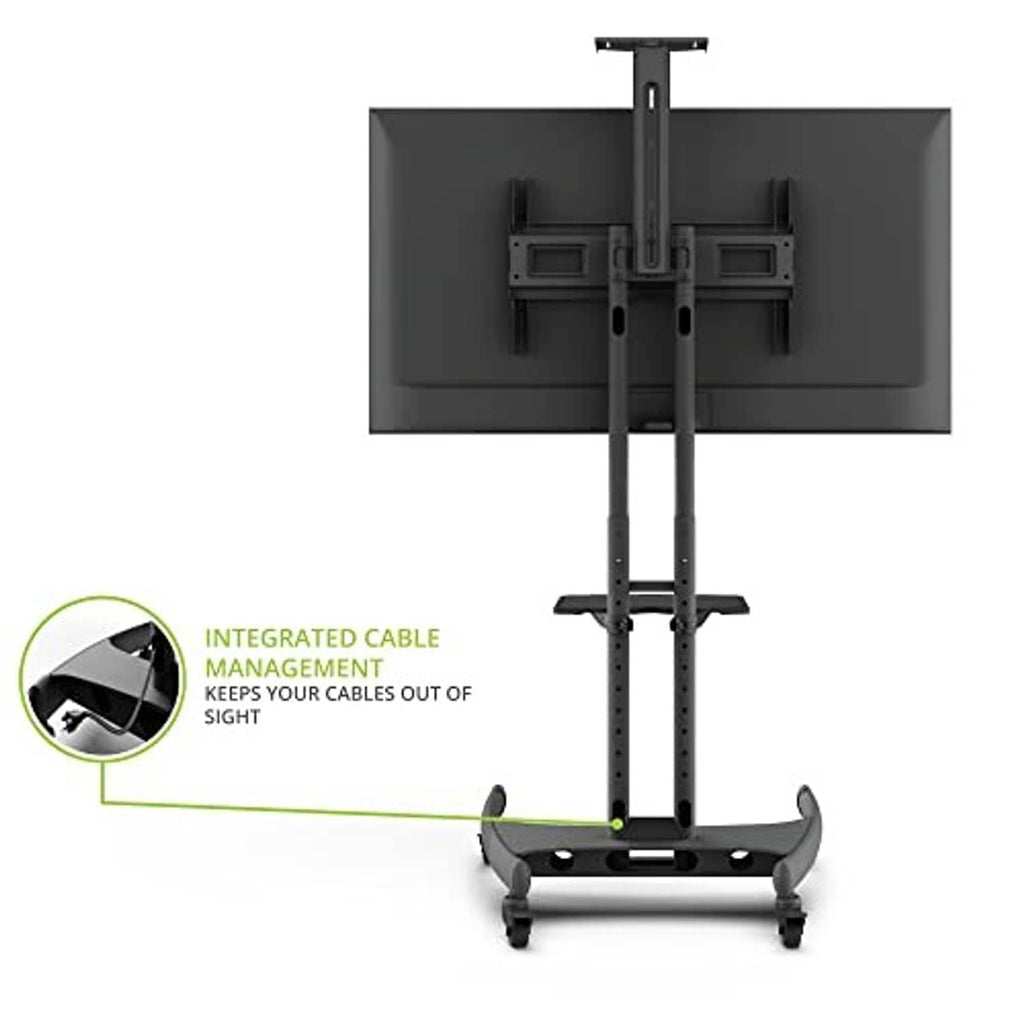 Mobile TV stand with integrated cable management and VESA mounting bracket on base frame