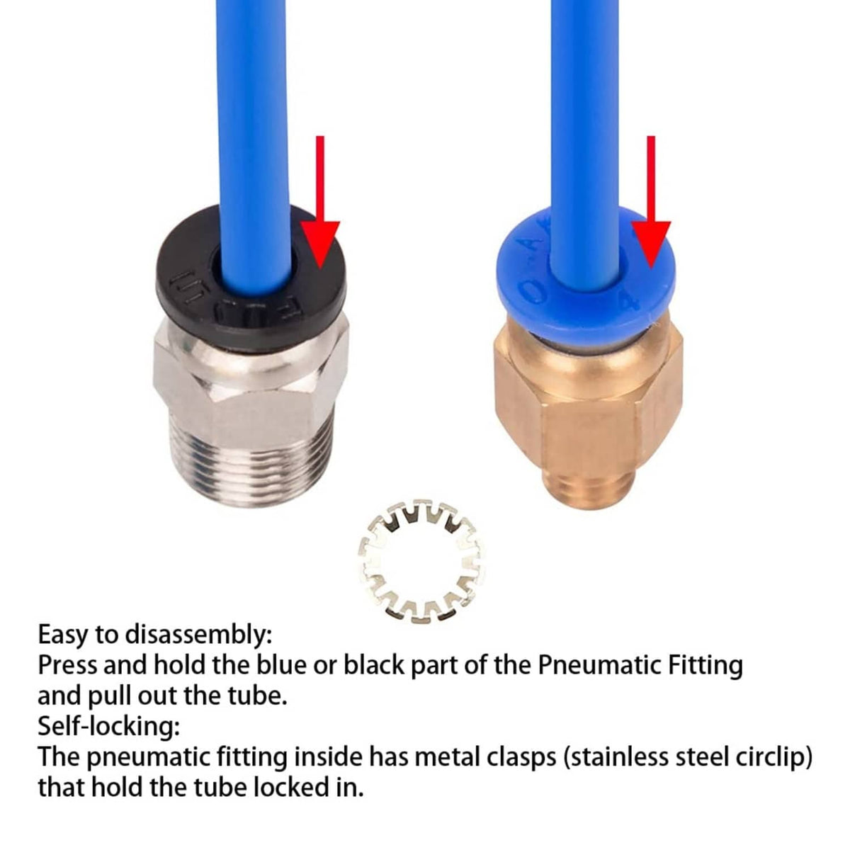 Blue and black push-fit pneumatic couplers with blue tube ends and metal retaining clip