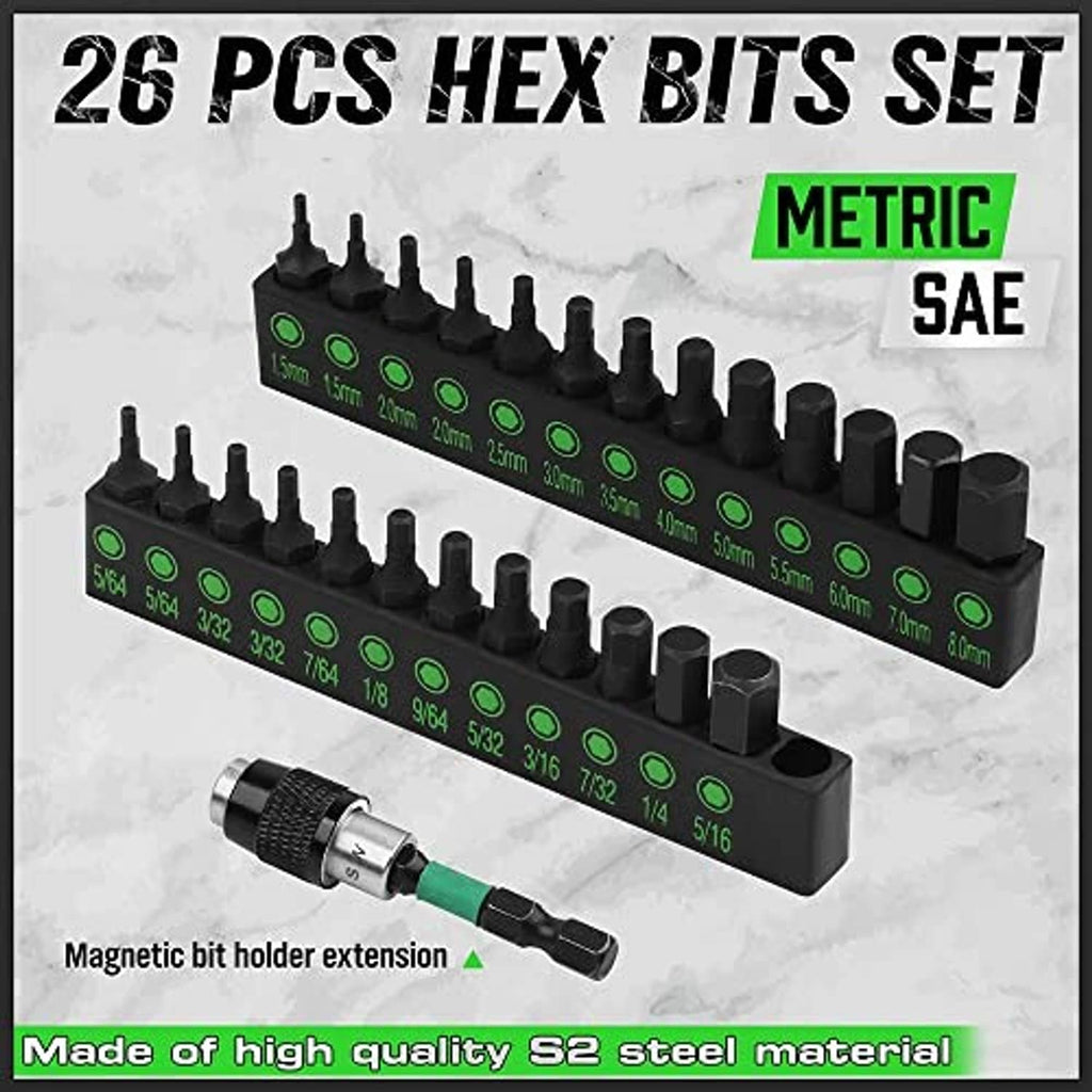 26-piece hex bit set with two black trays, green size markings, and drill bit