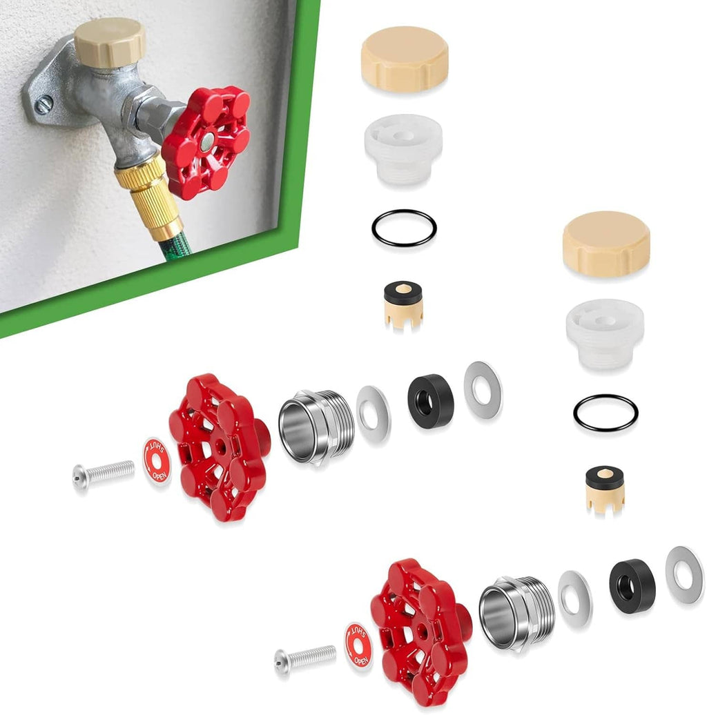 Outdoor faucet repair kit components: red valve, brass handle, O-rings, and washers