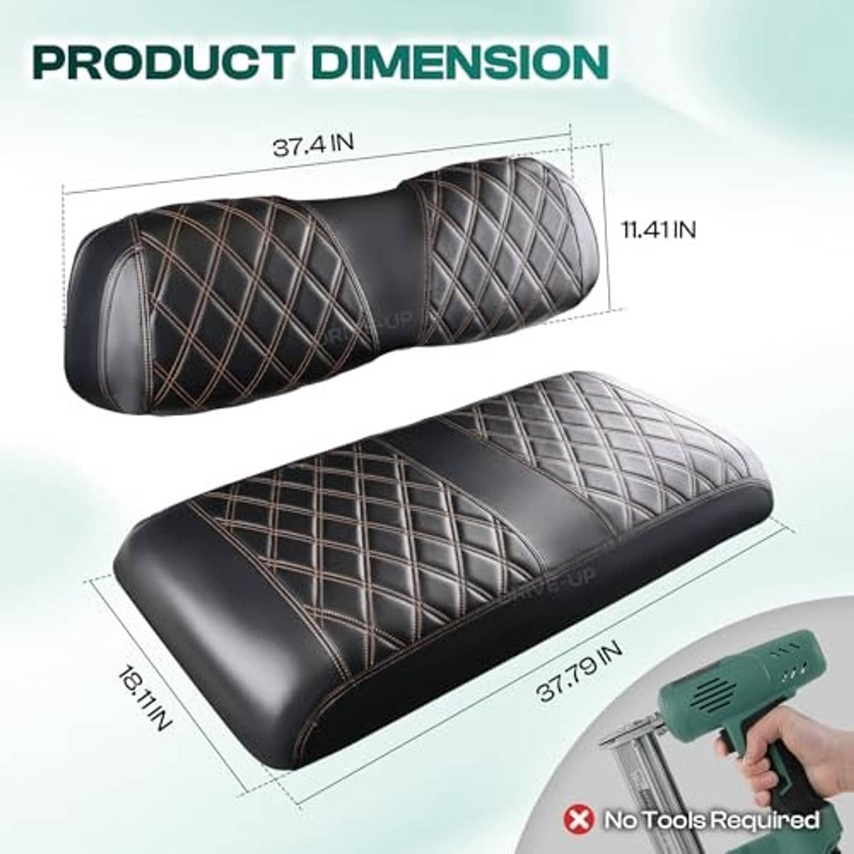 Front seat cover dimensions diagram: black diamond quilt with brown contrast stitching