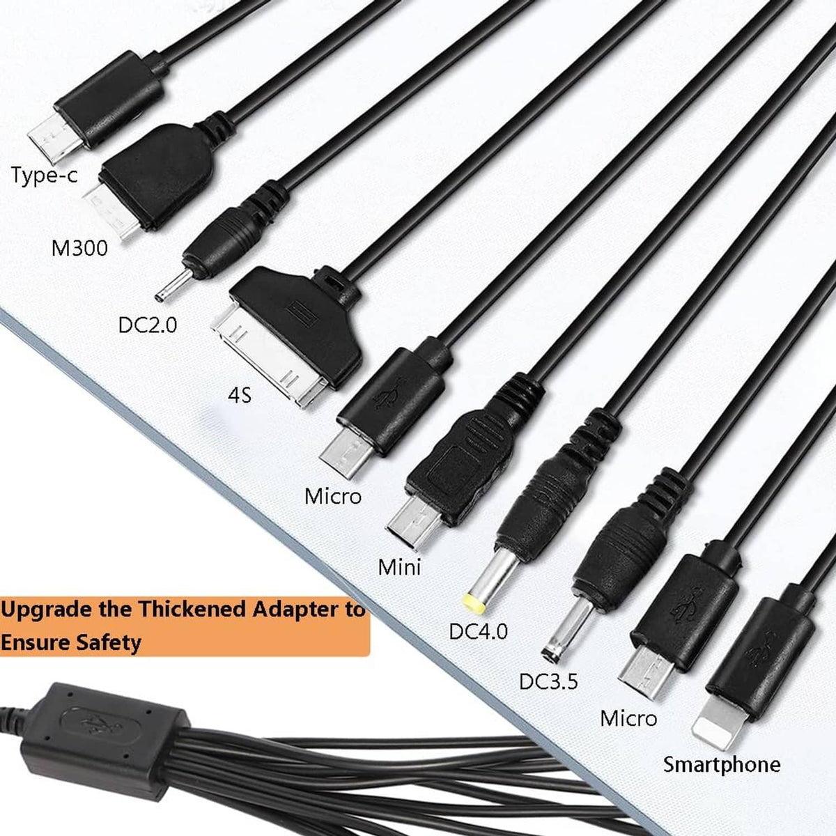 Black multi charging cable with Type-C, Micro, Mini, and DC plug ends