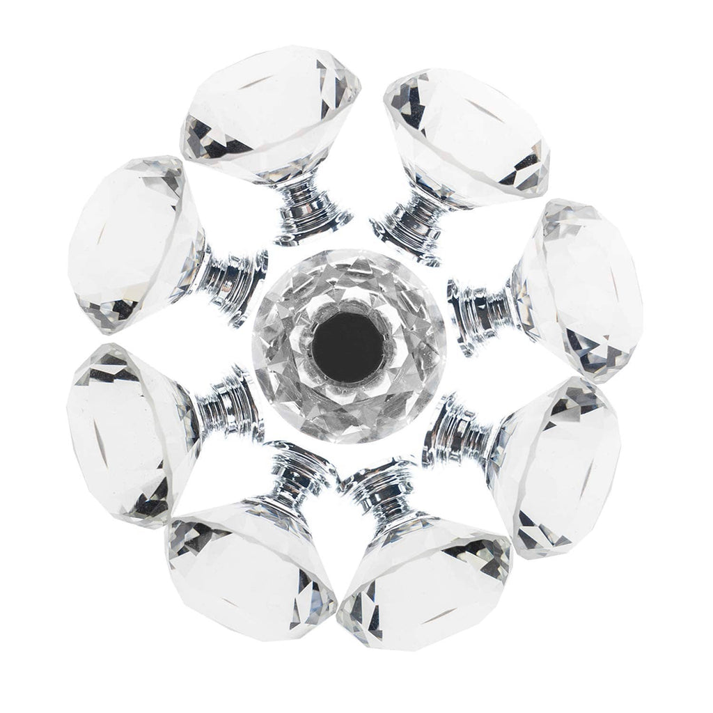 Faceted crystal glass drawer knob with chrome threaded stem and mounting ring