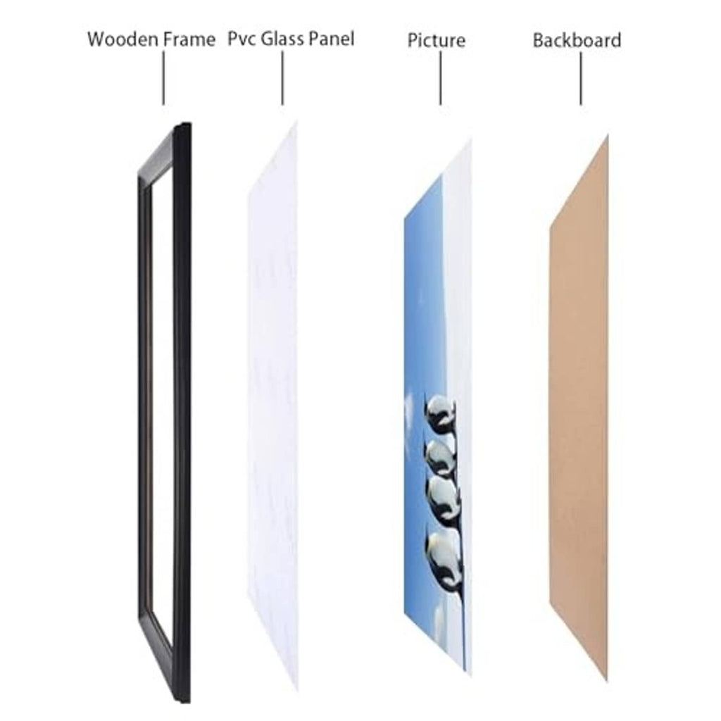Black picture frame with wooden frame, clear panel, and backboard layers