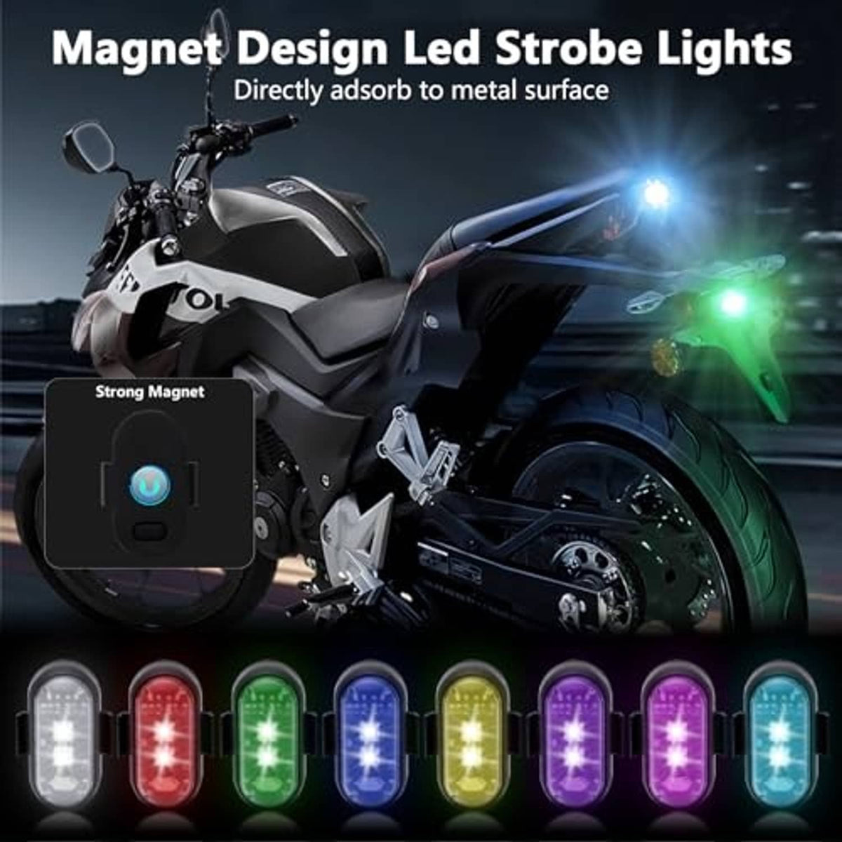 Magnetic LED strobe lights on a motorcycle with remote control