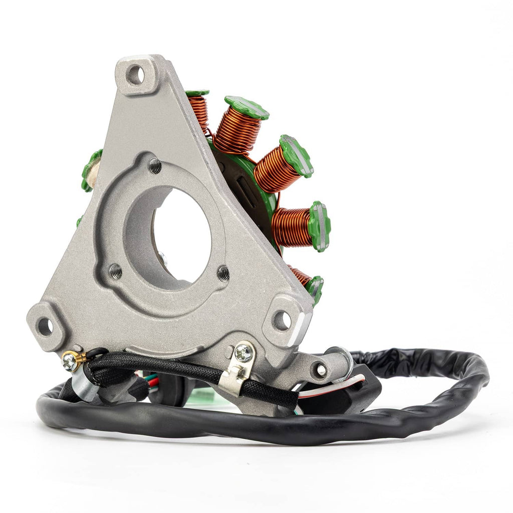 Stator magneto with mounting bracket, copper coils, green insulators, and black wiring