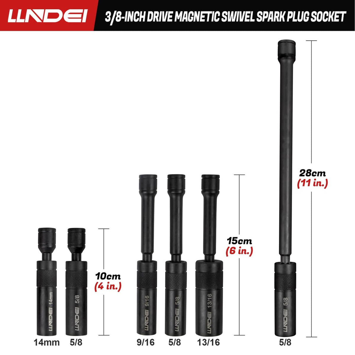 Black 3/8-inch drive magnetic swivel spark plug socket set with size labels