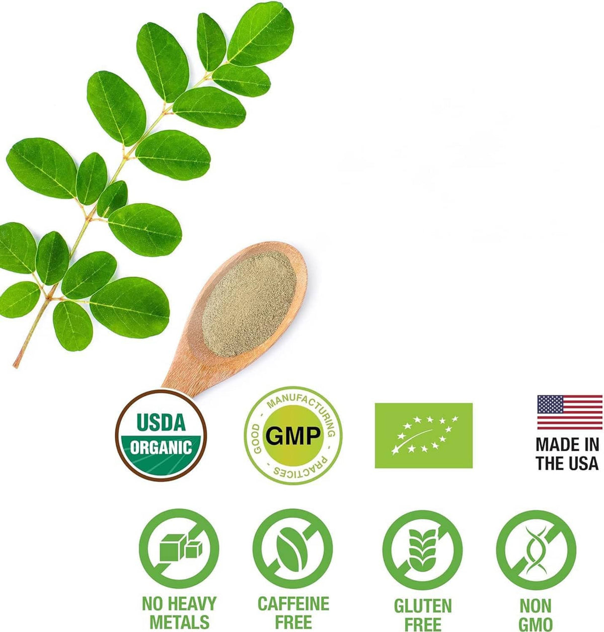Moringa leaf powder product seals, USDA organic, GMP, EU organic, and made in USA badges