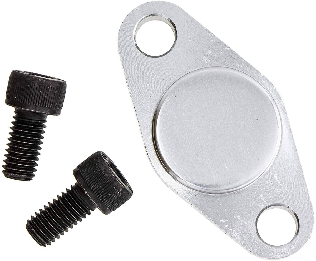 Silver mounting bracket plate with circular hole and two hex bolts