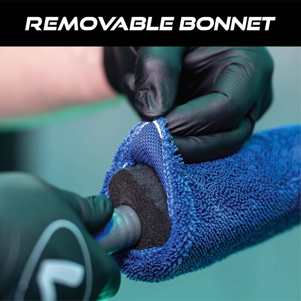 Blue microfiber wheel brush being adjusted on a removable car hood area
