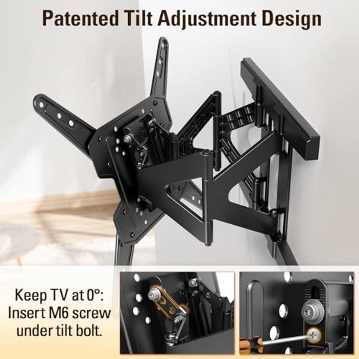 Black articulated TV wall mount with hinge mechanism and tilt adjustment hardware