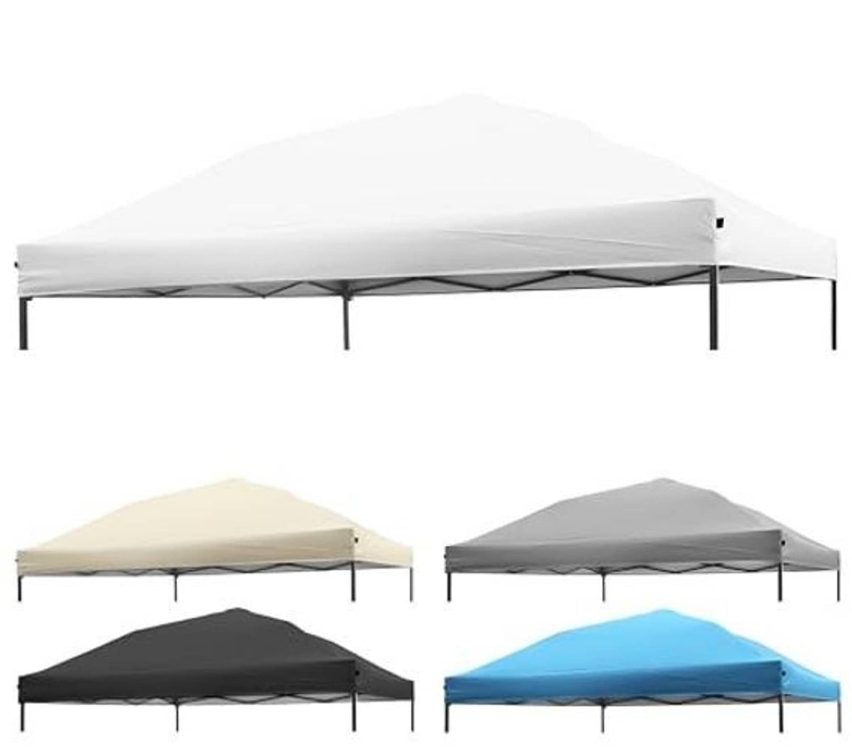 Canopy replacement tops in white, beige, dark gray, black, and blue on frame