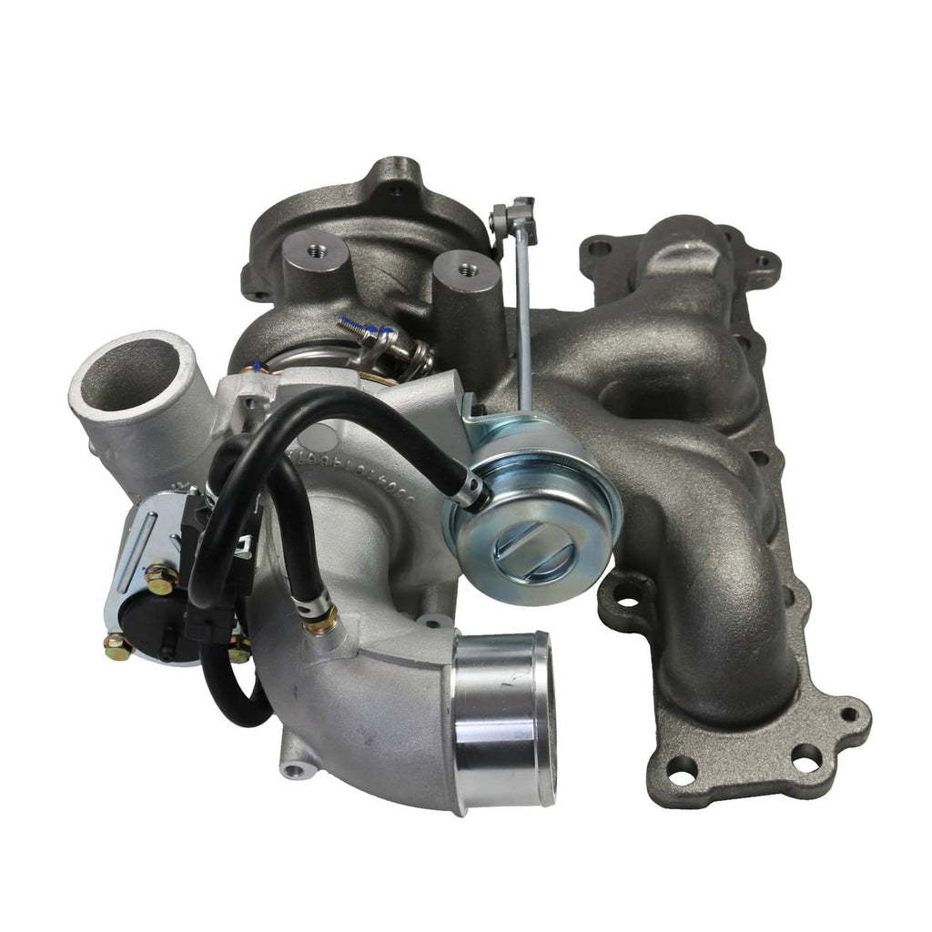 Turbocharger assembly with electronic actuator, cast manifold, and silver compressor cover.