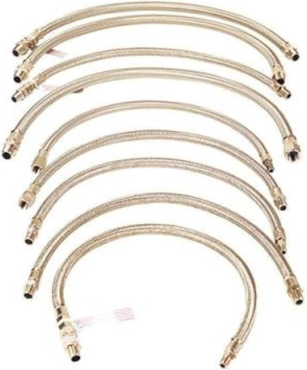 18-inch braided leader hose with metal fittings, light tan braided sheath