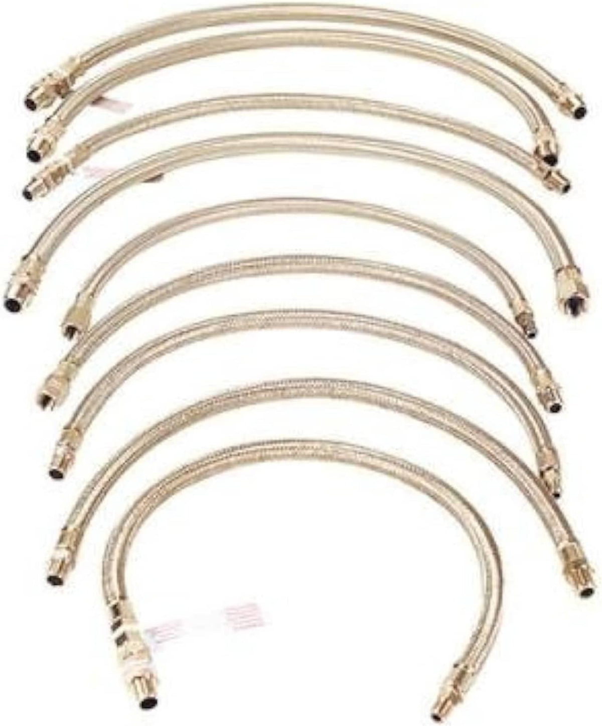 18-inch braided leader hose with metal fittings, light tan braided sheath