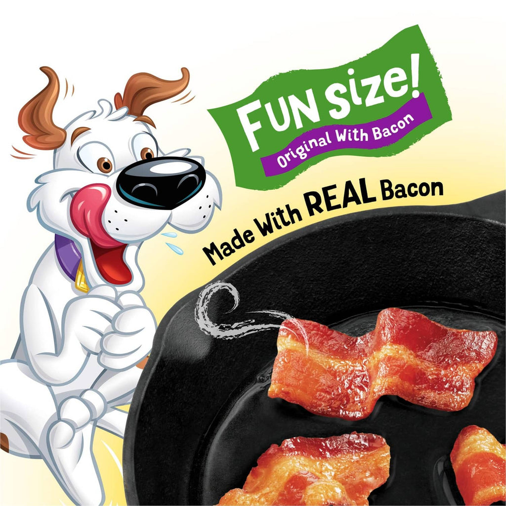 Dog treat pouch front, yellow-green design with bacon strips in black pan graphic