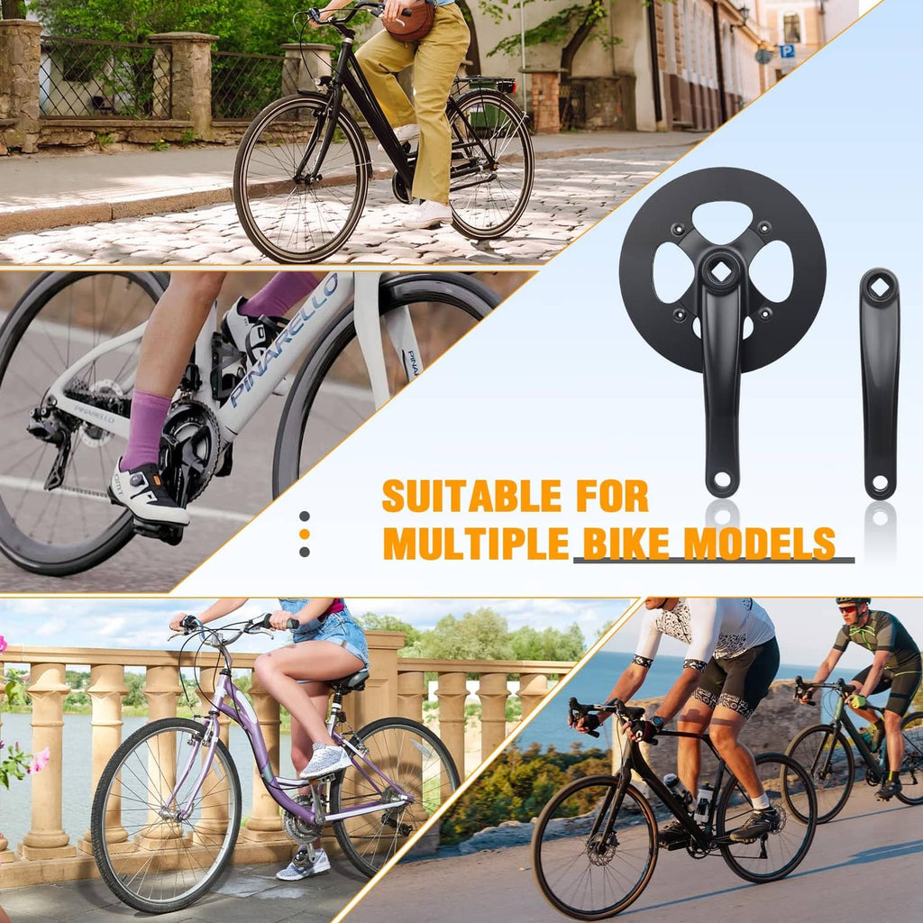 Black bike crankset on bicycle frame, chainring and crank arms visible