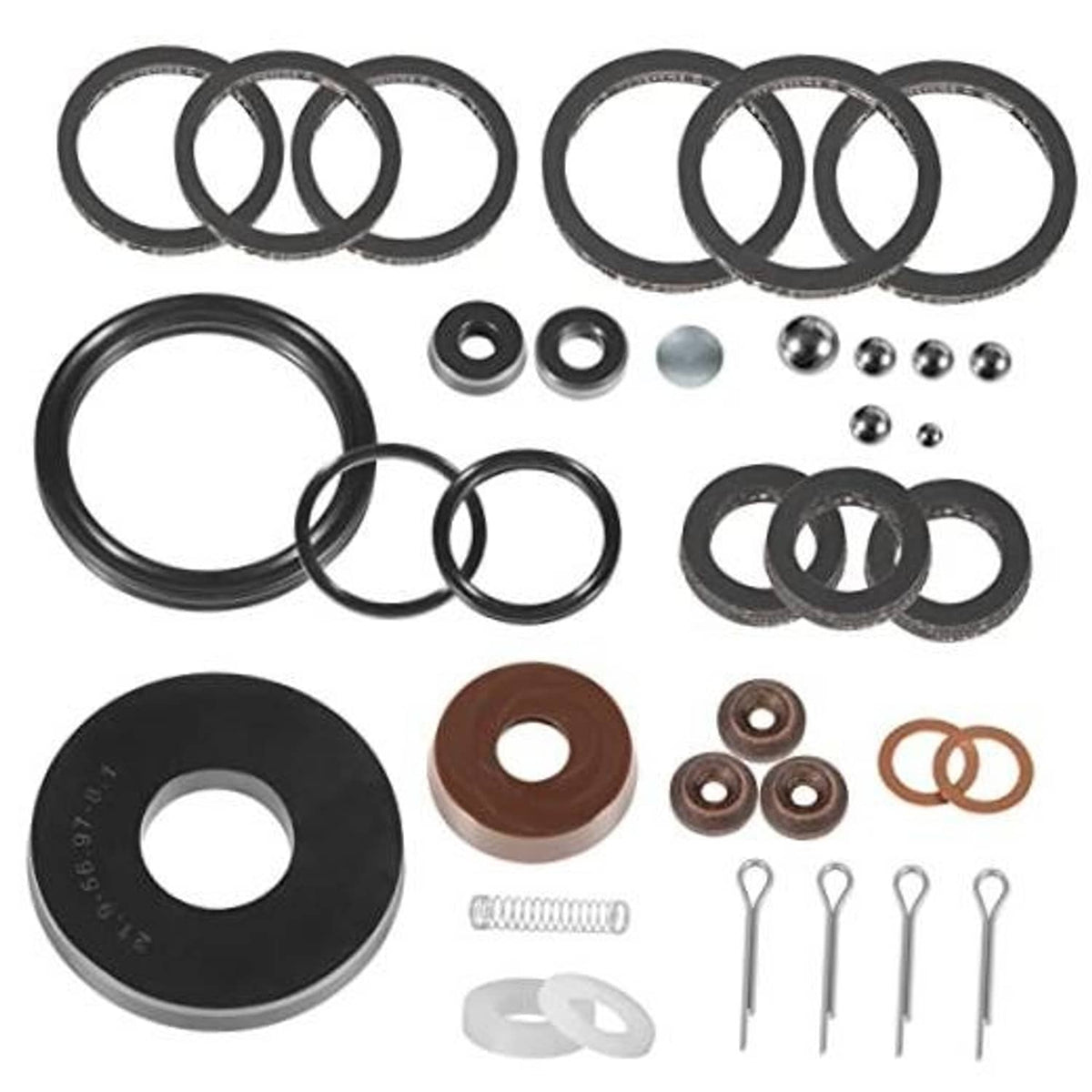 Floor jack seal kit with black rings, washers, pins, spring, and metal balls