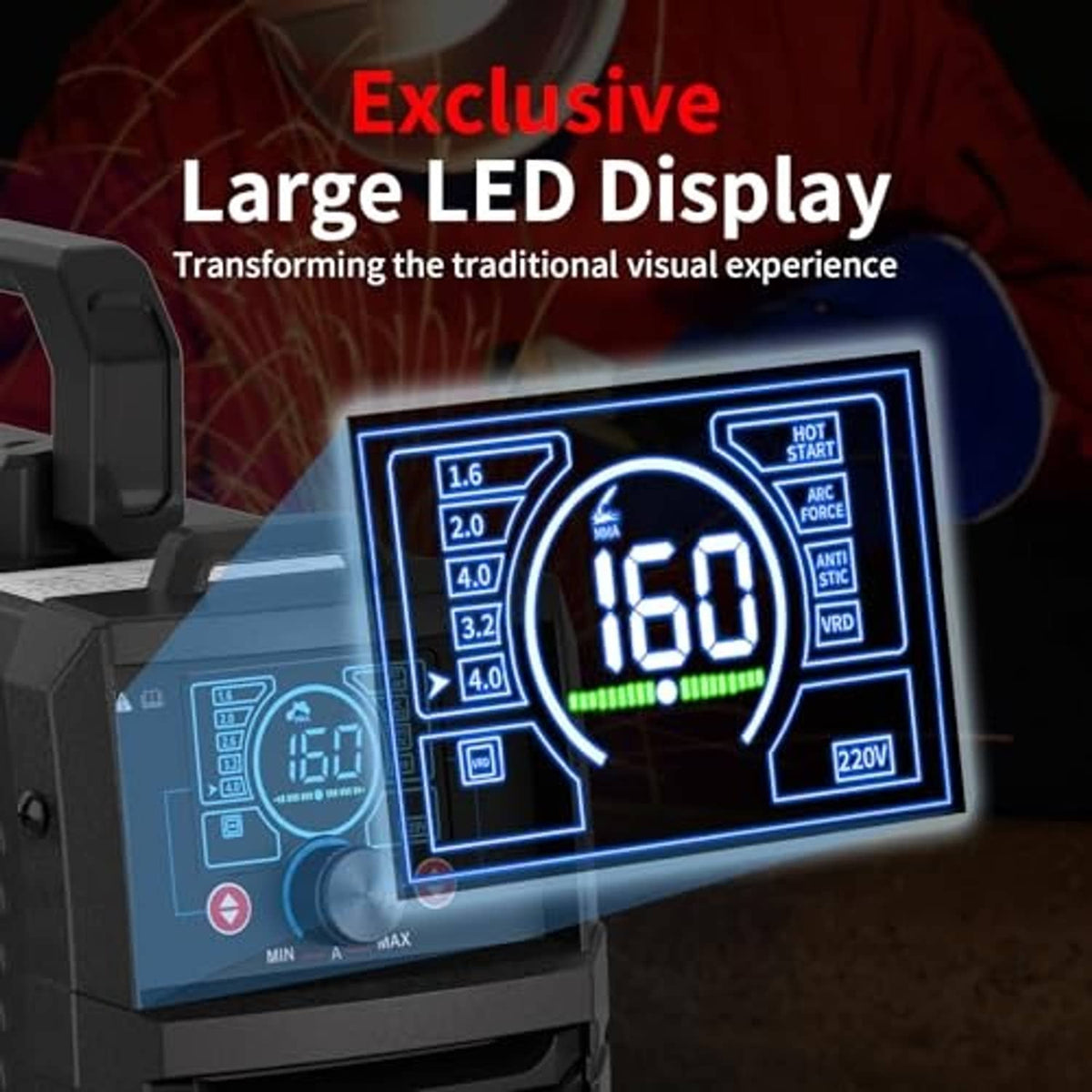 Portable welder front control panel with large blue-lit digital 160A display