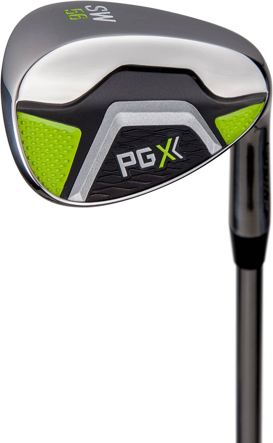 Golf wedge club head with PGX logo, chrome finish, black face, and lime detail
