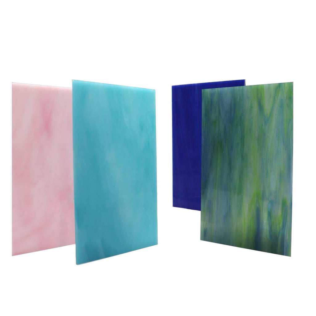 Stained glass mosaic sheets, three folded panels in pink, teal, and green-blue