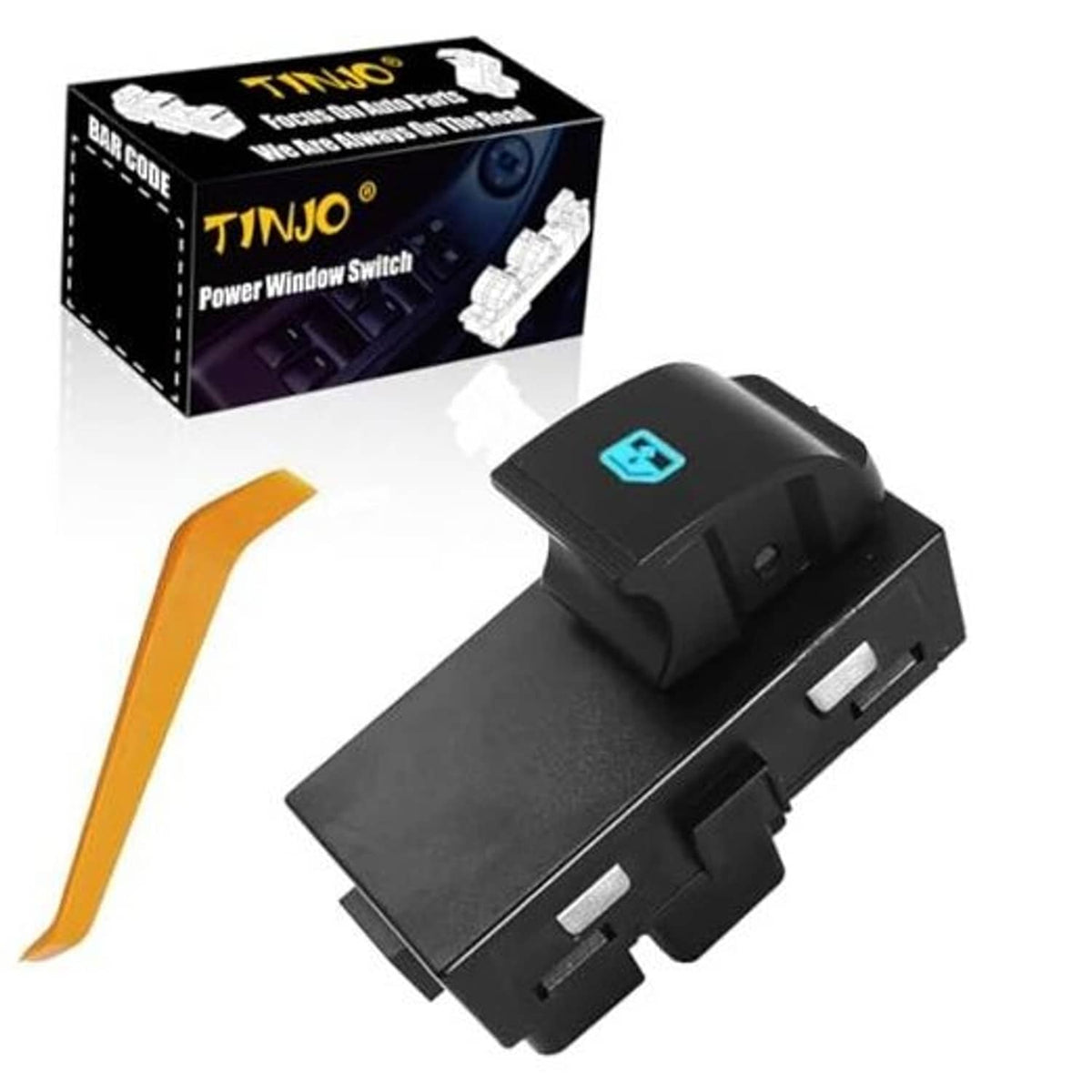 Power window switch control button, dark plastic with blue window icon.