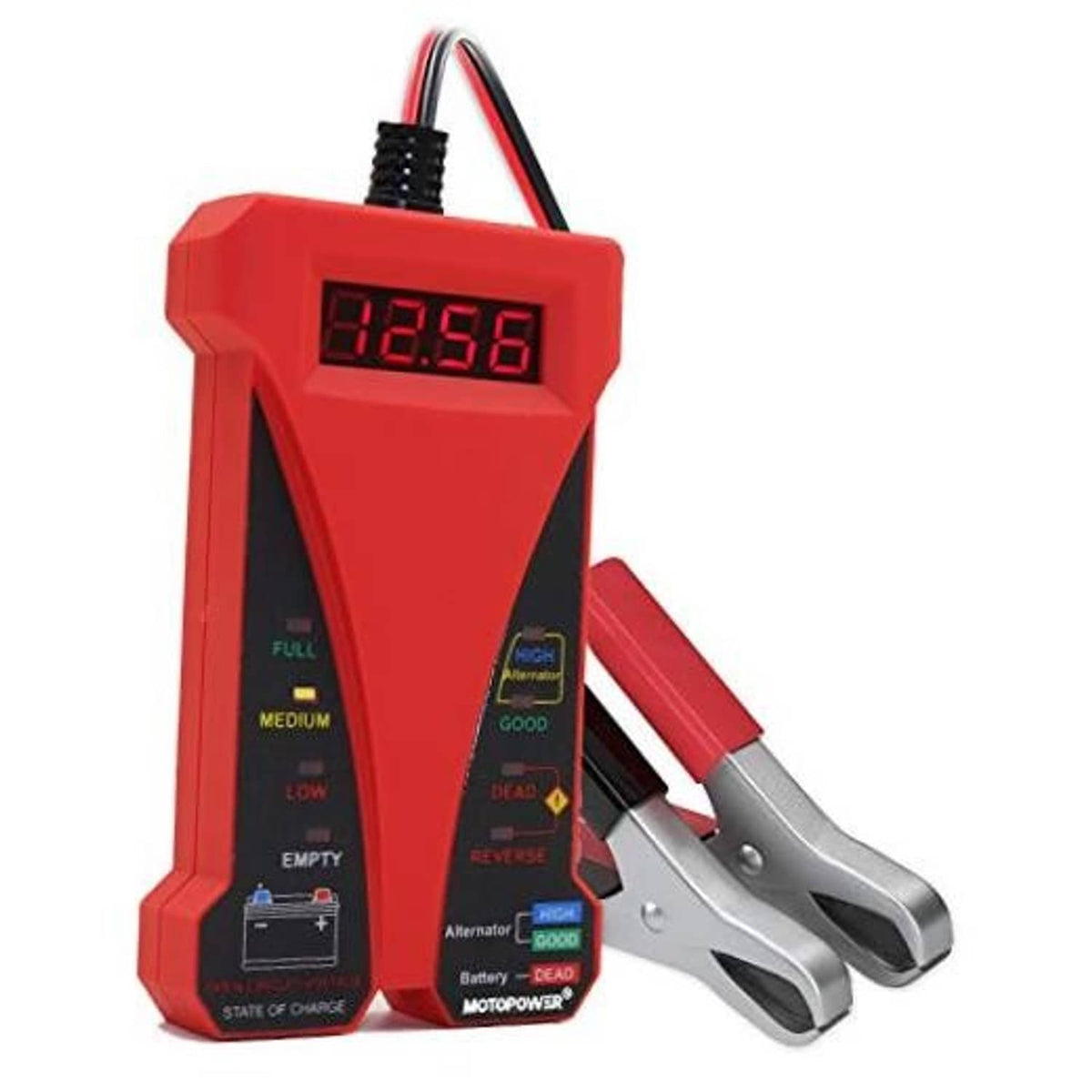 Red digital 12V battery tester with LCD reading and red/black alligator clamps