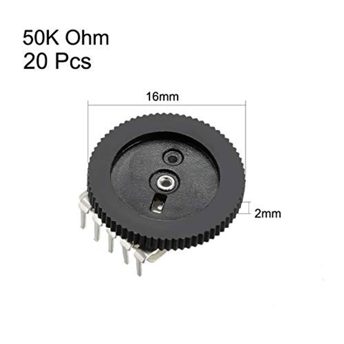 Black 16mm rotary potentiometer dial with 2mm metal shaft and three pin terminals