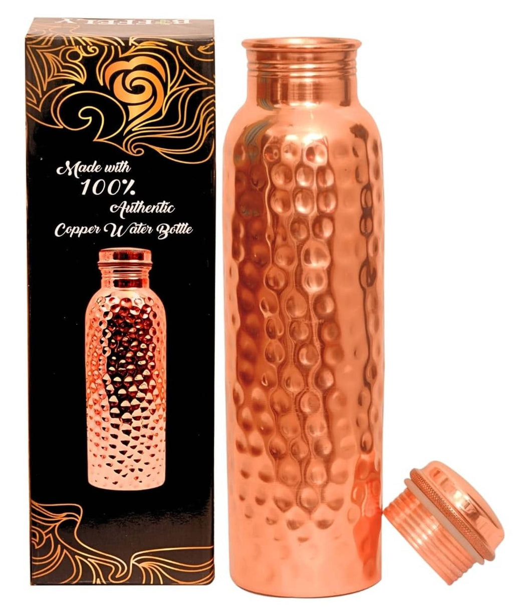 Copper water bottle with hammered texture, wide mouth, and matching screw cap.