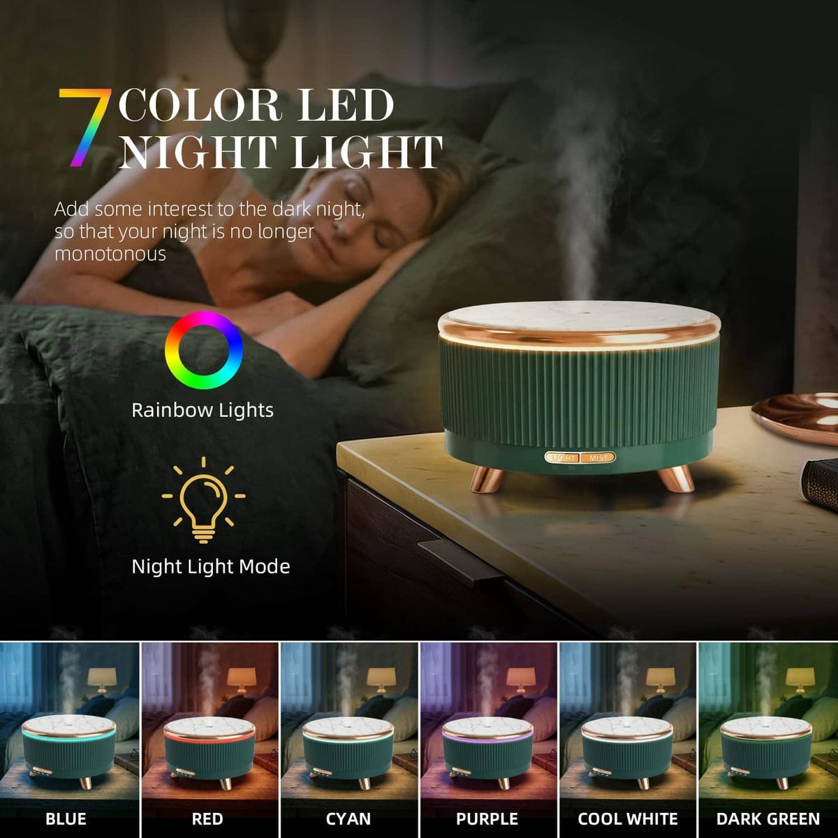 Teal essential oil diffuser with glowing LED night-light ring and mist