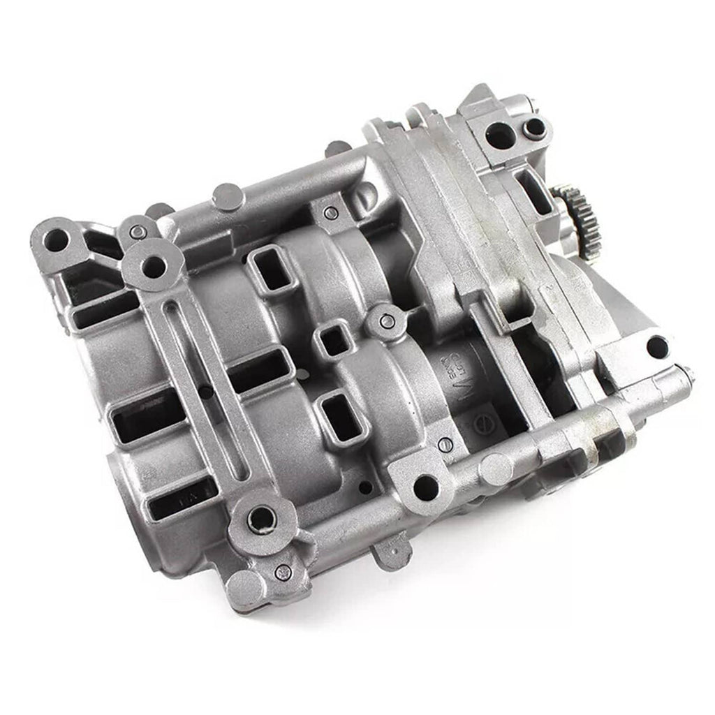 Shaft balance oil pump assembly, angled side view with gear housing and bolt holes