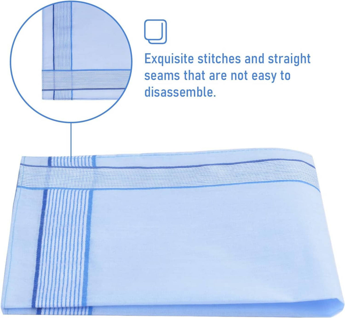 Folded blue handkerchief with striped border and neatly stitched edge