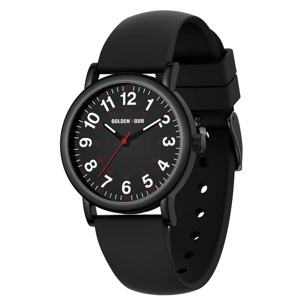 Black nurse watch with round dial, red hands, and black silicone strap with holes