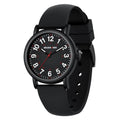 Black nurse watch with round dial, red hands, and black silicone strap with holes