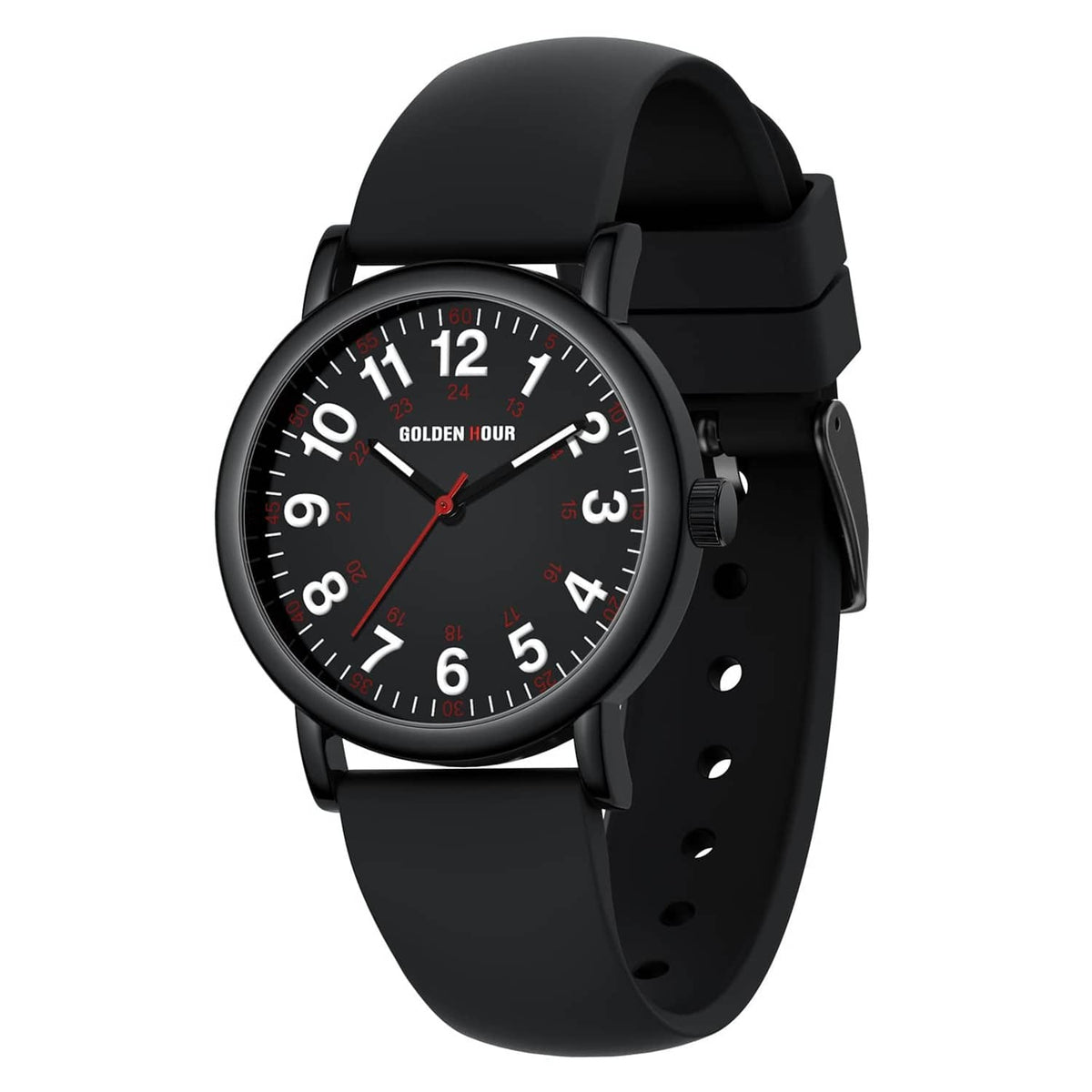 Black nurse watch with round dial, red hands, and black silicone strap with holes