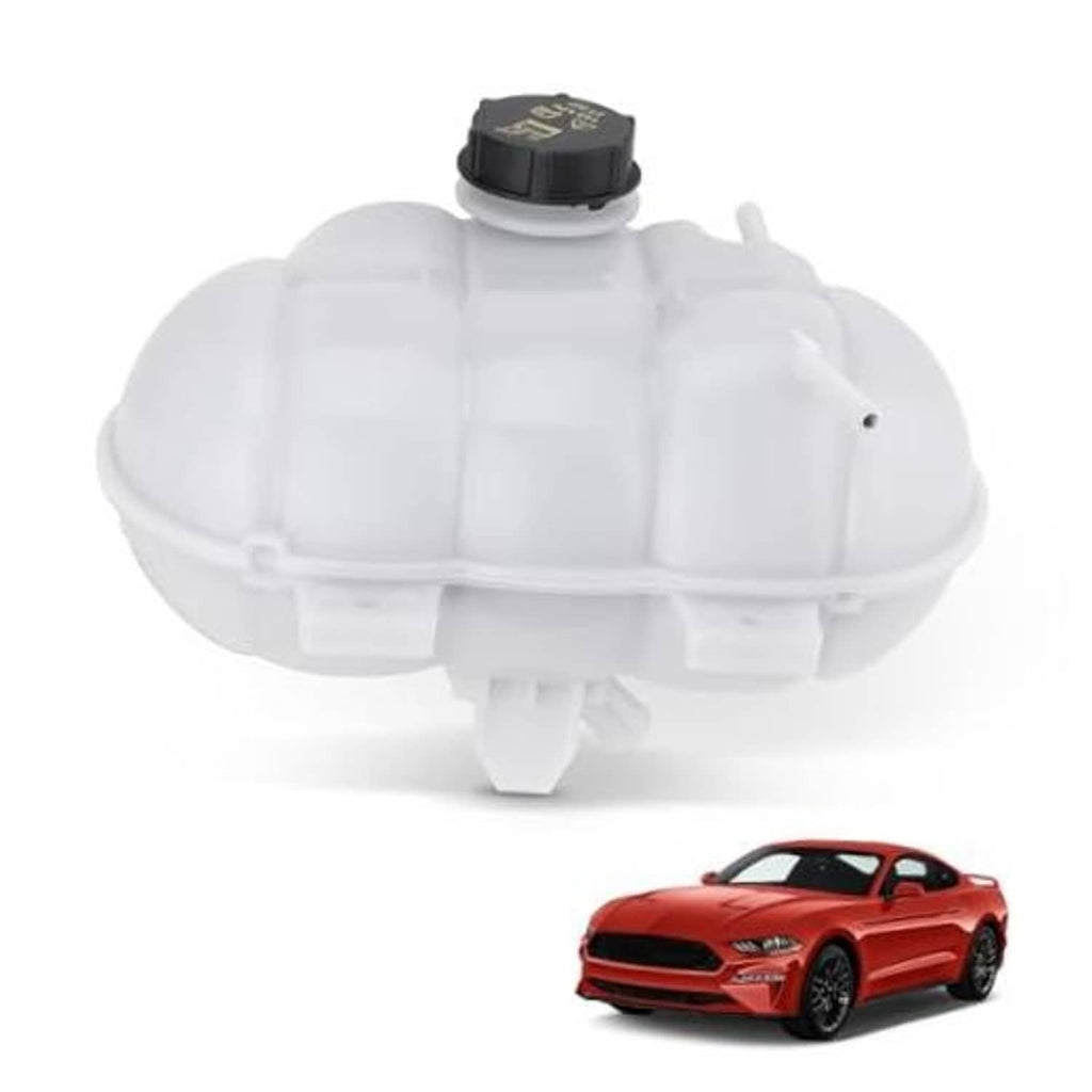 White engine coolant expansion tank with black cap, molded reservoir body