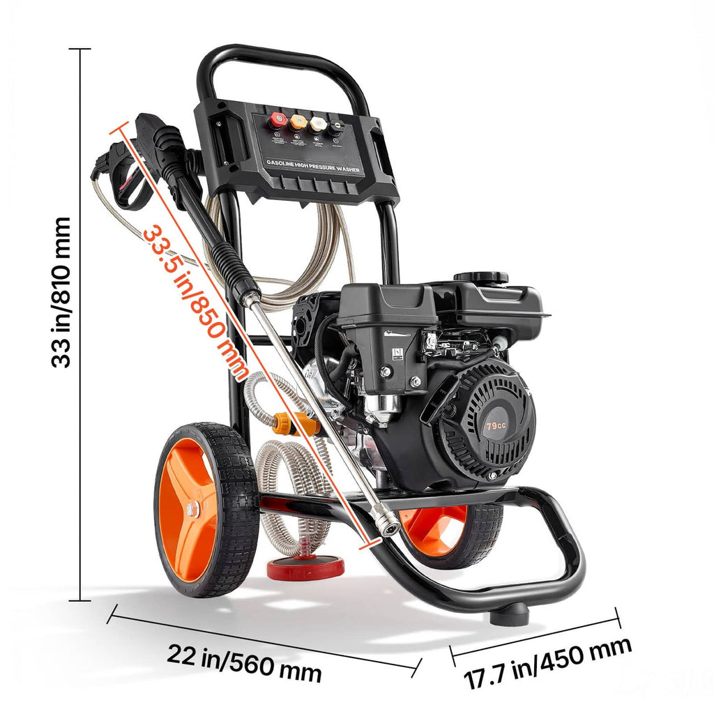 Gas pressure washer side view with orange wheel, recoil engine, and spray hose