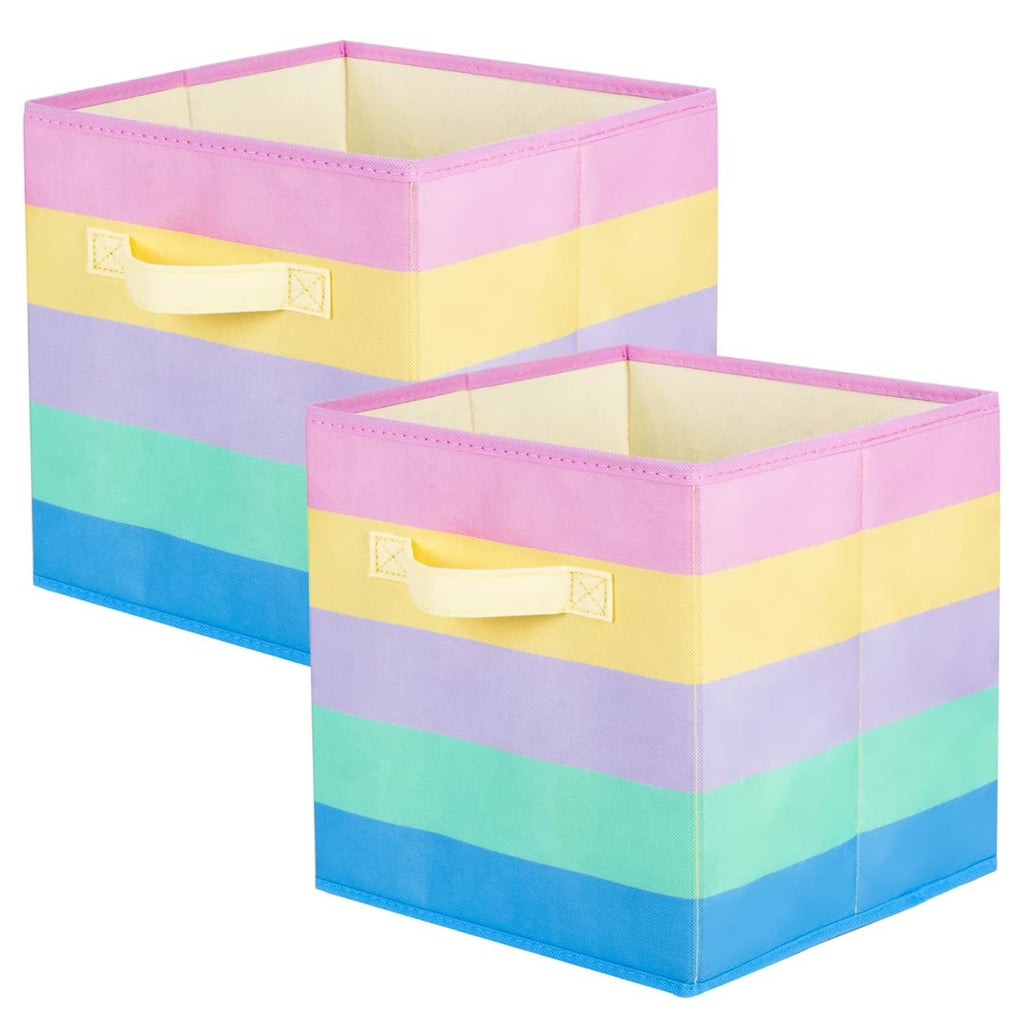 Rainbow striped foldable fabric storage cube with front handle, rectangular