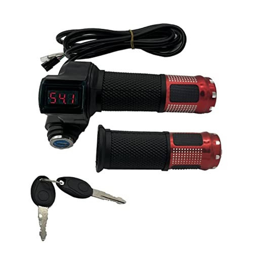 Ebike throttle grip set with LCD display, black grips, red end caps, and key lock keys