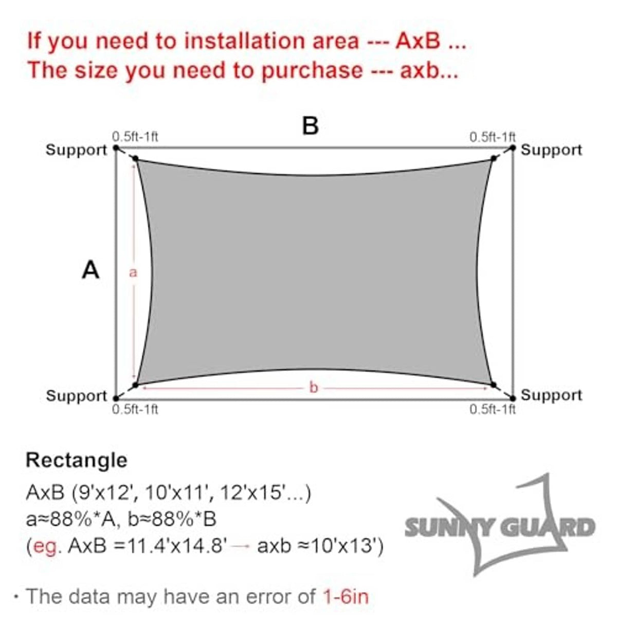 Rectangle shade sail size diagram with A and B measurements for installation