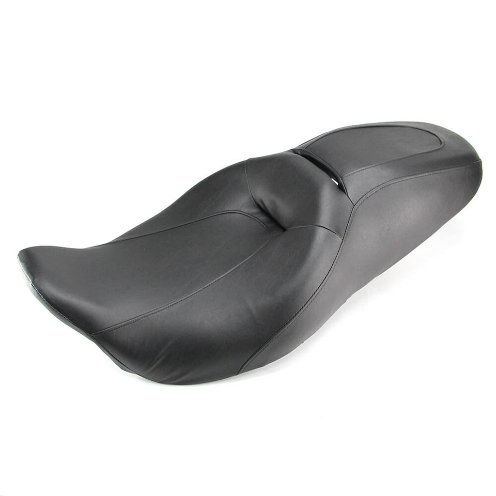 Black motorcycle seat with sculpted pad and stitched seam details, angled view.