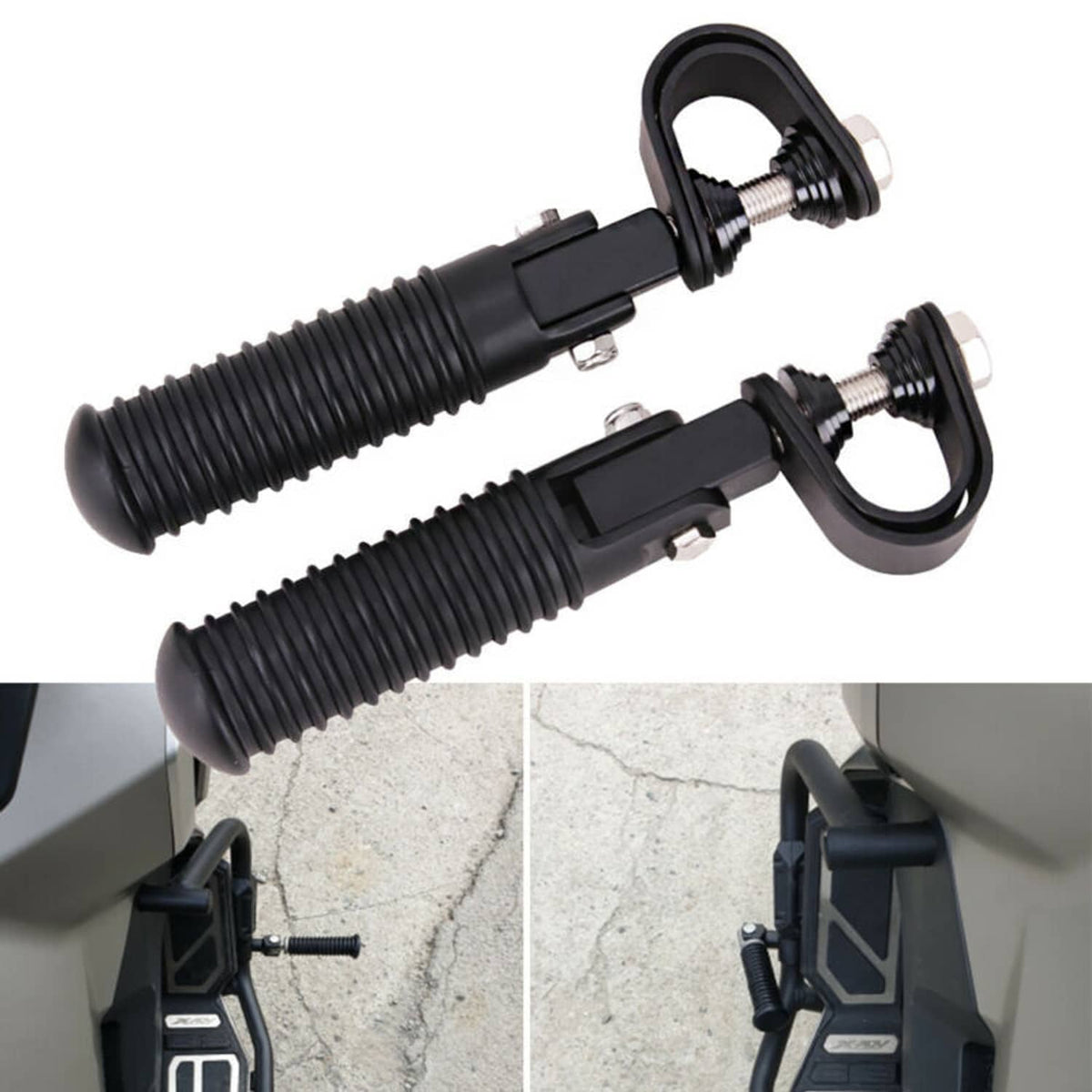 Black crash foot pegs with ribbed rubber grips and U-shaped mounting bracket