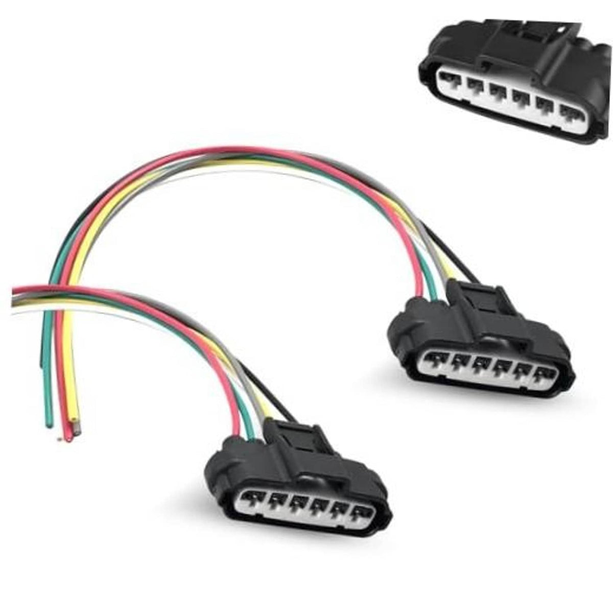 6-pin throttle position sensor connector pair with multi-colored wires and black housings