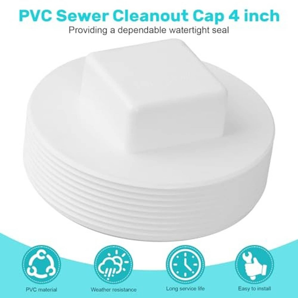White PVC sewer cleanout cap with thick round threaded edge and square top