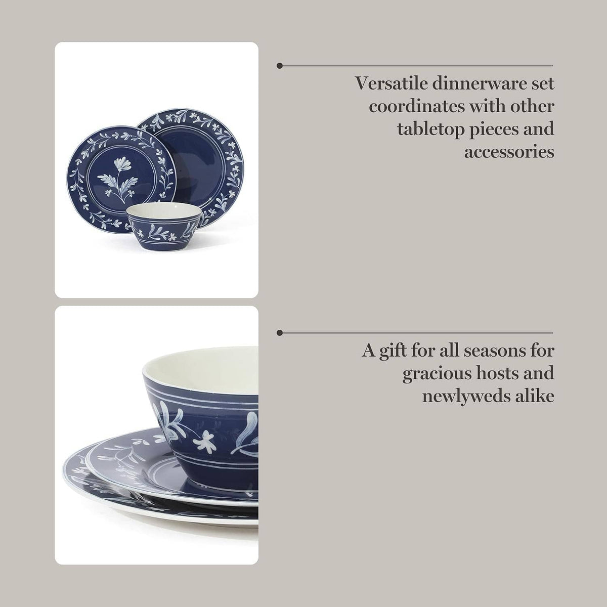 Dark blue porcelain dinnerware set with white floral trim: plates and small bowls