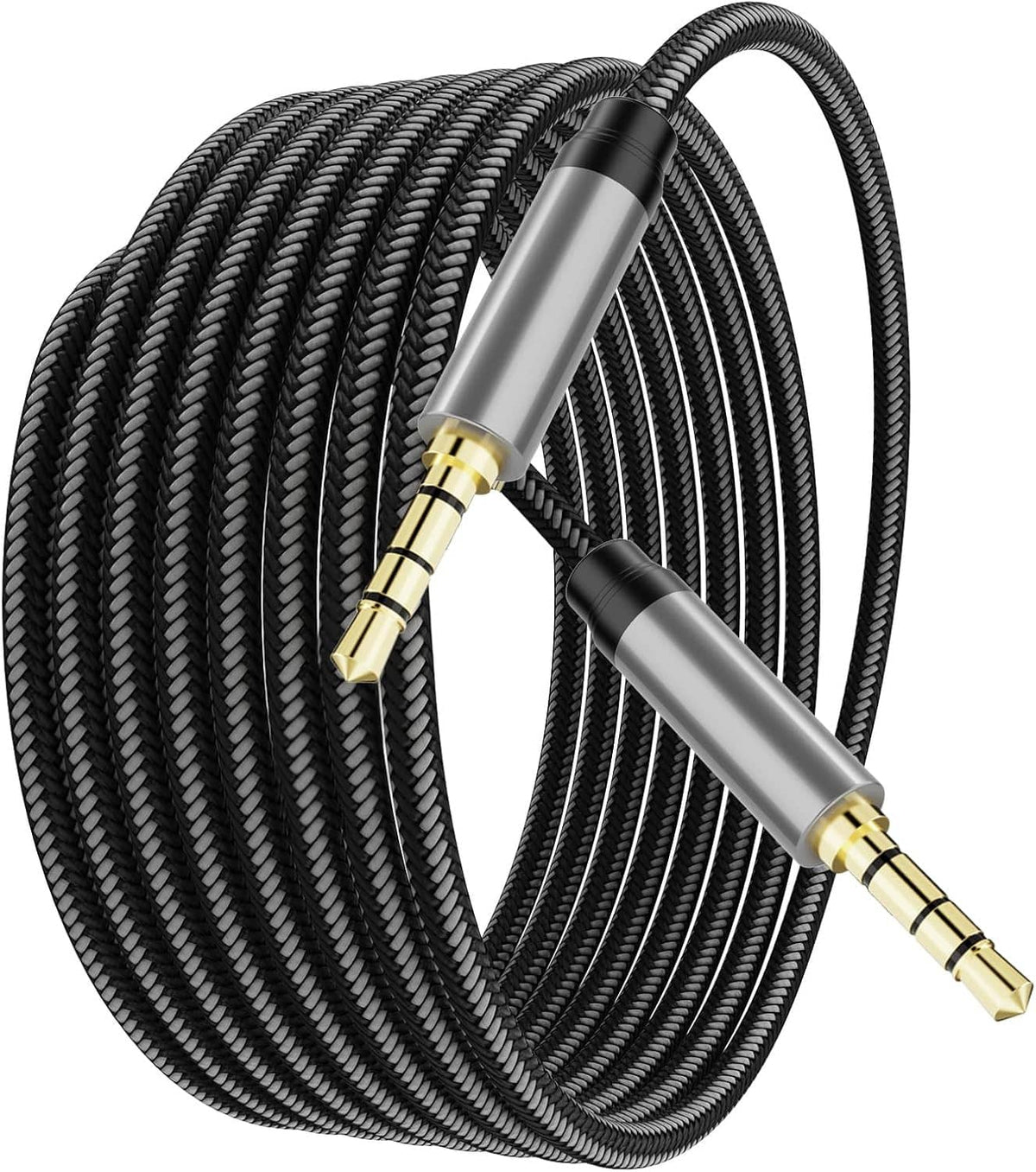 Black braided 3.5mm stereo aux cable with two gold male plugs, 4-pole design.